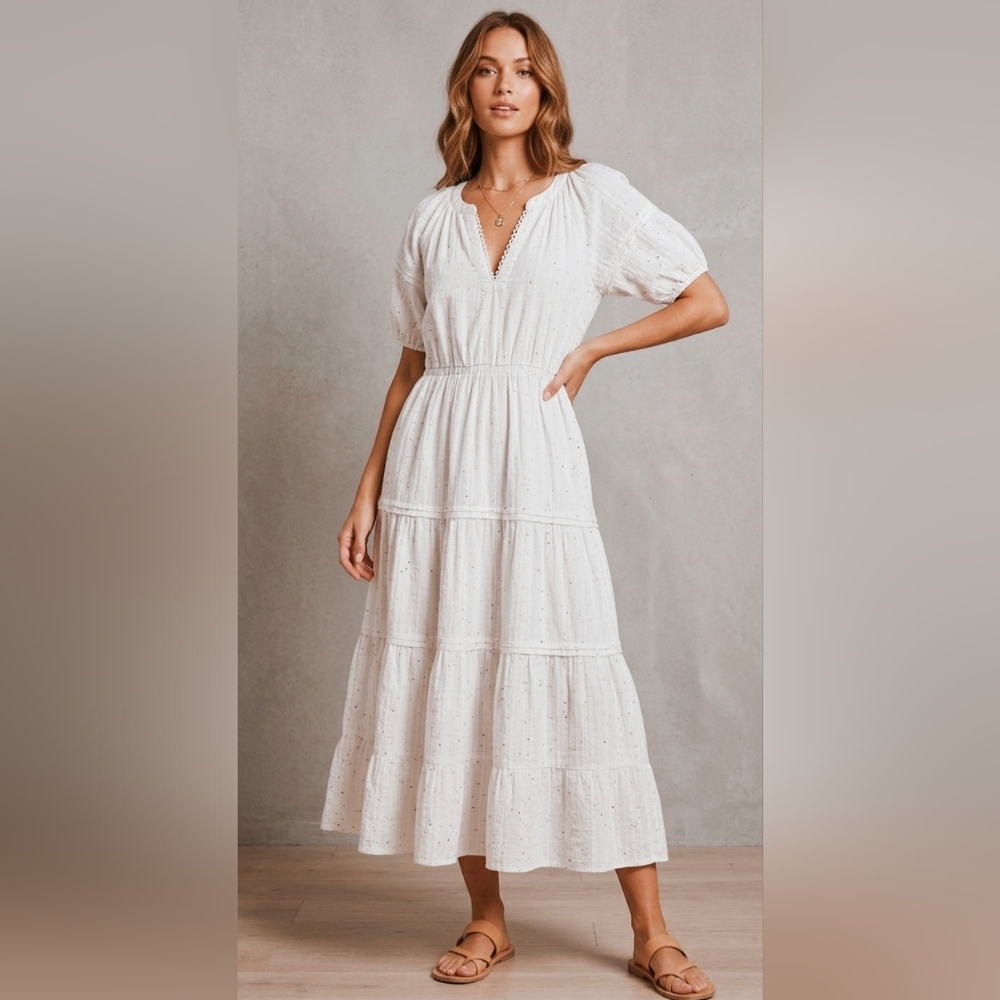 Betsey Johnson Rainbow Confetti Eyelet Tiered Midi Dress White Scalloped L